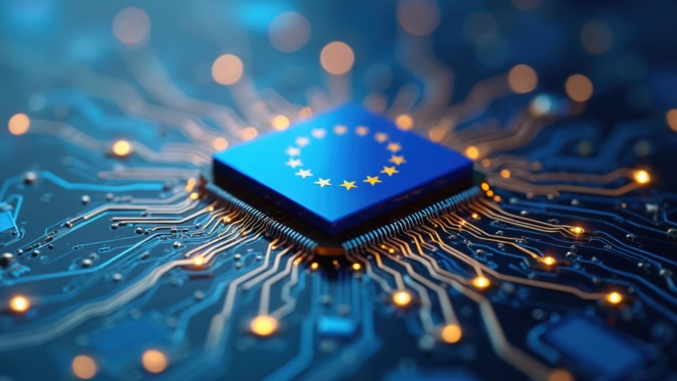 Europäische Flagge auf einem Mikrochip-Design mit dem Text: EU-Kommission entscheidet sich für STACKIT – Meilenstein für die digitale Souveränität Europas. Logo von Schwarz Digits oben rechts.