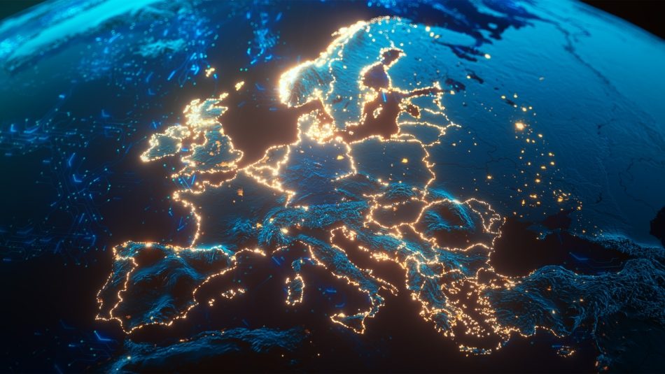 Digitized map of Europe with illuminated network points and the Schwarz Digits logo. Text: "European Sovereign Stack Standard (ES³) - With the ES³ we make digital independence measurable."