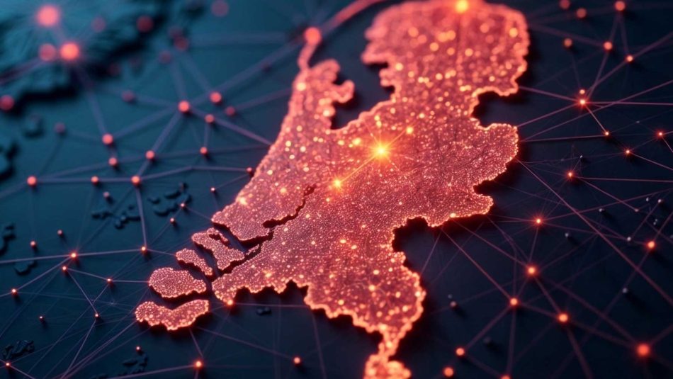 Digitale Souveränität der Niederlande: Eine leuchtend rote Netzwerk-Karte des Landes auf dunklem Hintergrund, die sichere Konnektivität und Cloud-Infrastruktur darstellt. Futuristische Cyber-Karten-Ästhetik.