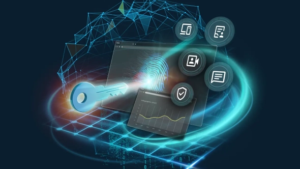 A digital key and a fingerprint scanner securing virtual browser windows and collaboration icons, representing the sovereign workspace by Schwarz Digits.