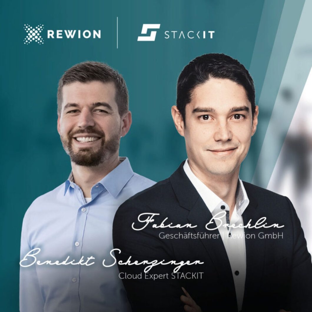 Portraits of Fabian Bröcklin, Managing Director of REWION GmbH, and Benedikt Scherzinger, Cloud Expert at STACKIT. Symbolizes the technology partnership in the cloud sector.