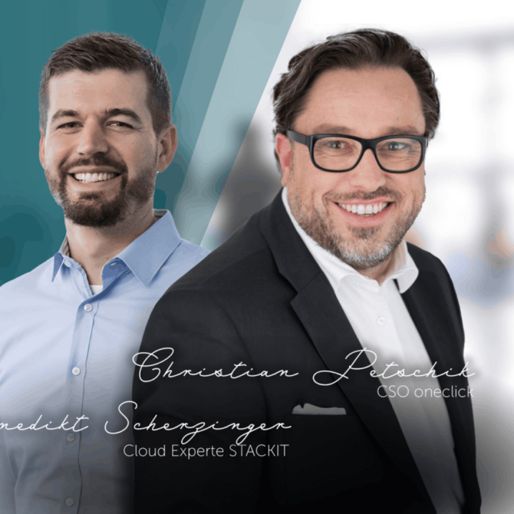 Dual portrait of Benedikt Scherzinger, Cloud Expert at STACKIT, and Christian Petzochik, CSO at oneclick. Represents the expert collaboration between the two companies in the cloud sector.