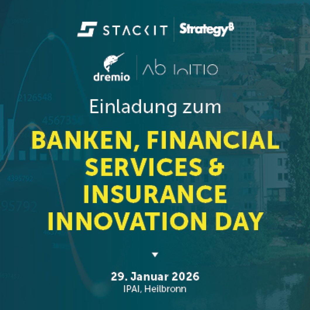 Ein breites Einladungs-Banner für den „FSI Innovation Day“ (bzw. „Banken, Financial Services & Insurance Innovation Day“) am 29. Januar 2026 im IPAI Heilbronn. Die linke Seite zeigt abstrakte, leuchtende Finanzdiagramme und Wellenlinien auf dunklem Grund, während die rechte Seite eine sonnige Luftaufnahme der Stadt Heilbronn mit Blick auf den Fluss und Gebäude zeigt. Zentral platziert sind die Logos von STACKIT, Strategy&, dremio und Ab Initio.
