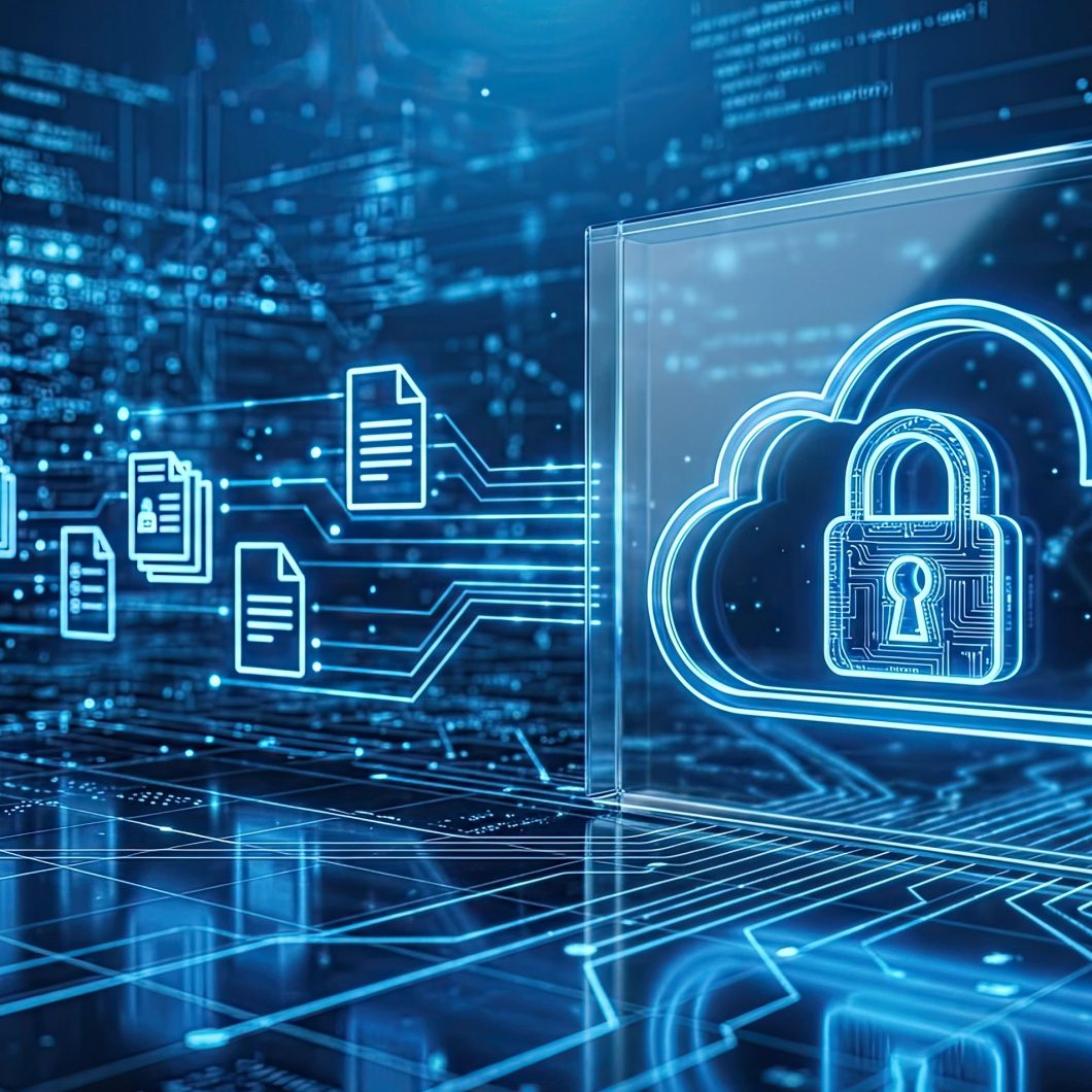 Secure cloud storage encryption concept featuring a glowing cloud padlock icon and streaming digital data files.