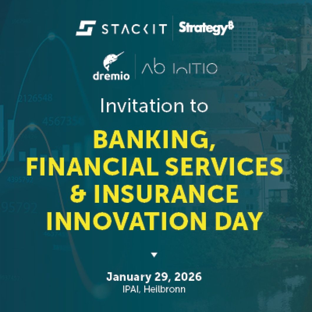 A wide invitation banner for the "FSI Innovation Day" (or "Banking, Financial Services & Insurance Innovation Day") on January 29, 2026, at IPAI Heilbronn. The left side features abstract glowing financial charts and wave lines on a dark background, while the right side shows a sunny aerial view of the city of Heilbronn with a river and buildings. The logos of STACKIT, Strategy&, dremio, and Ab Initio are centrally positioned.