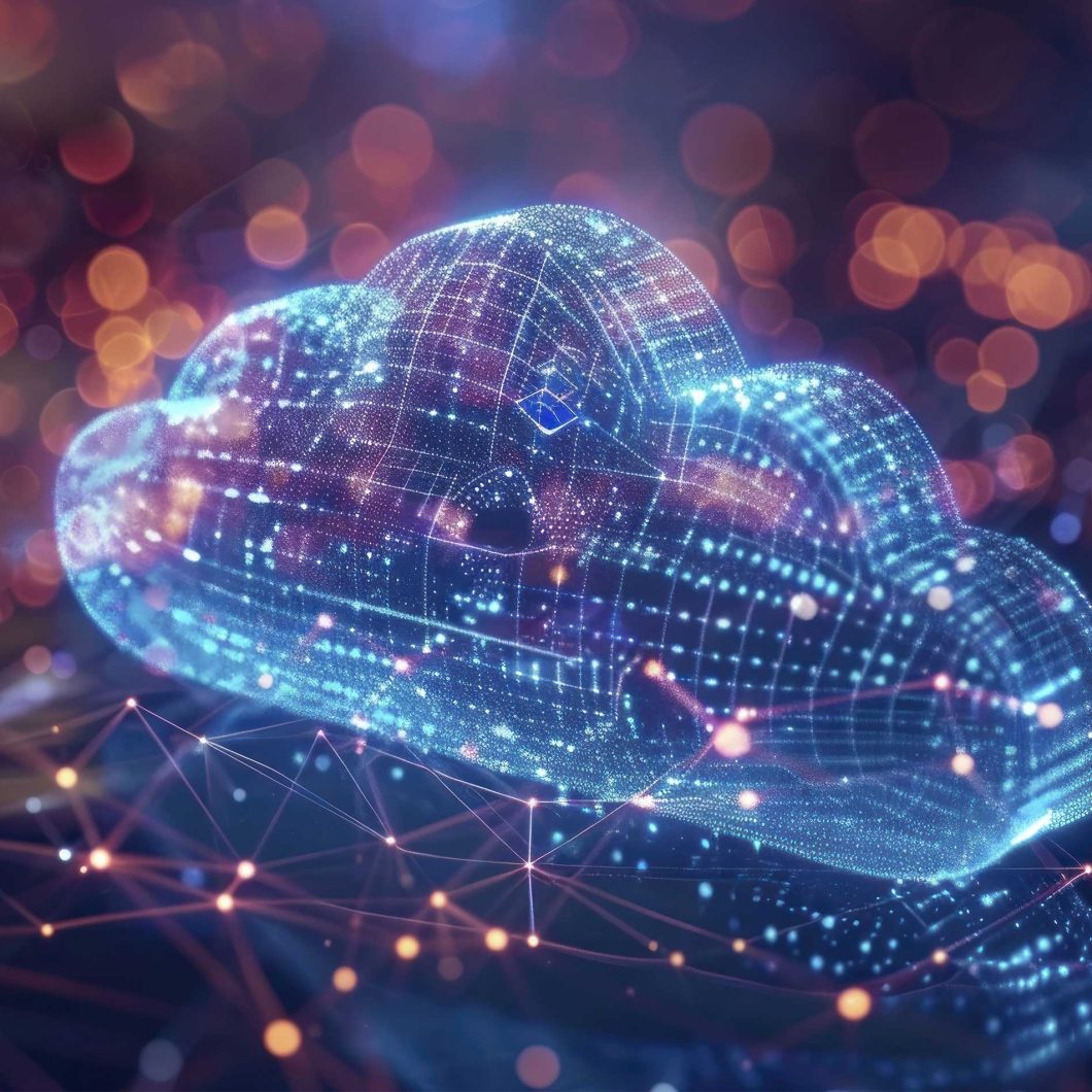 Futuristic data cloud graphic for cloud computing: A glowing blue grid mesh of data points and connection lines floats above a networked data infrastructure. Symbolizes cloud data storage, network security, and digital transformation.
