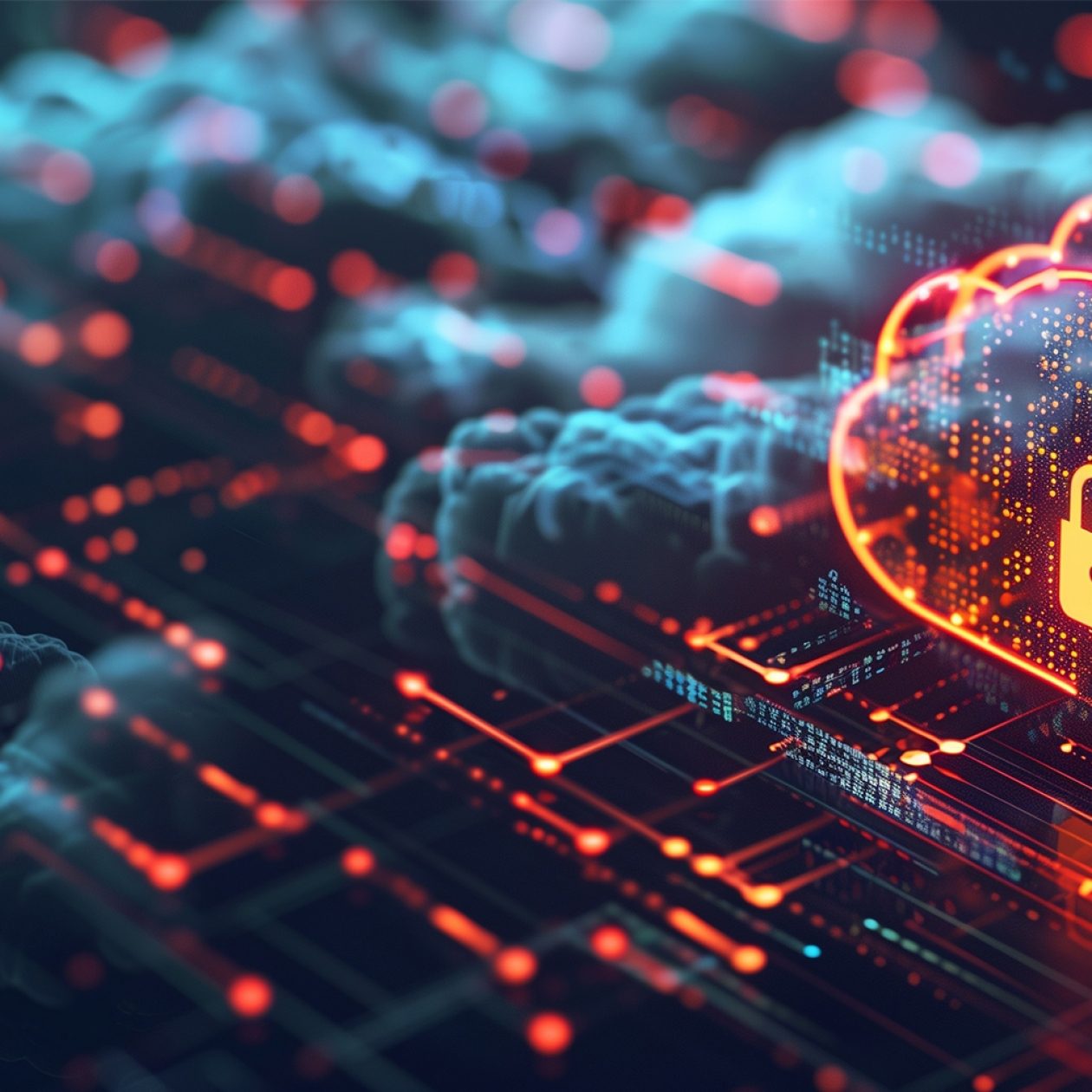 Eine leuchtend orange-rote, pixelige Cloud-Grafik mit einem stilisierten Vorhängeschloss-Symbol steht prominent im Vordergrund. Diese Cloud ist Teil eines digitalen Netzwerks aus leuchtenden roten Linien und Punkten, die sich über eine dunkle Oberfläche erstrecken. Im unscharfen Hintergrund sind weitere Wolken und digitale Elemente in Blau zu erkennen. Das Bild symbolisiert Datensicherheit, Cyberbedrohungen und den Schutz sensibler Informationen in der Cloud.