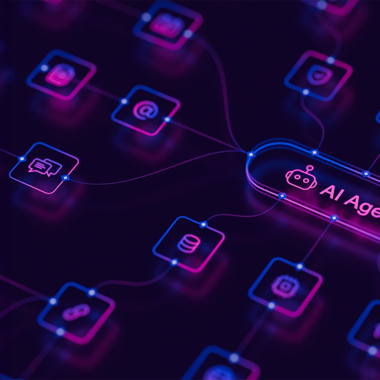 Central AI Agent node connected to various digital tool icons in a glowing blue and magenta network matrix.