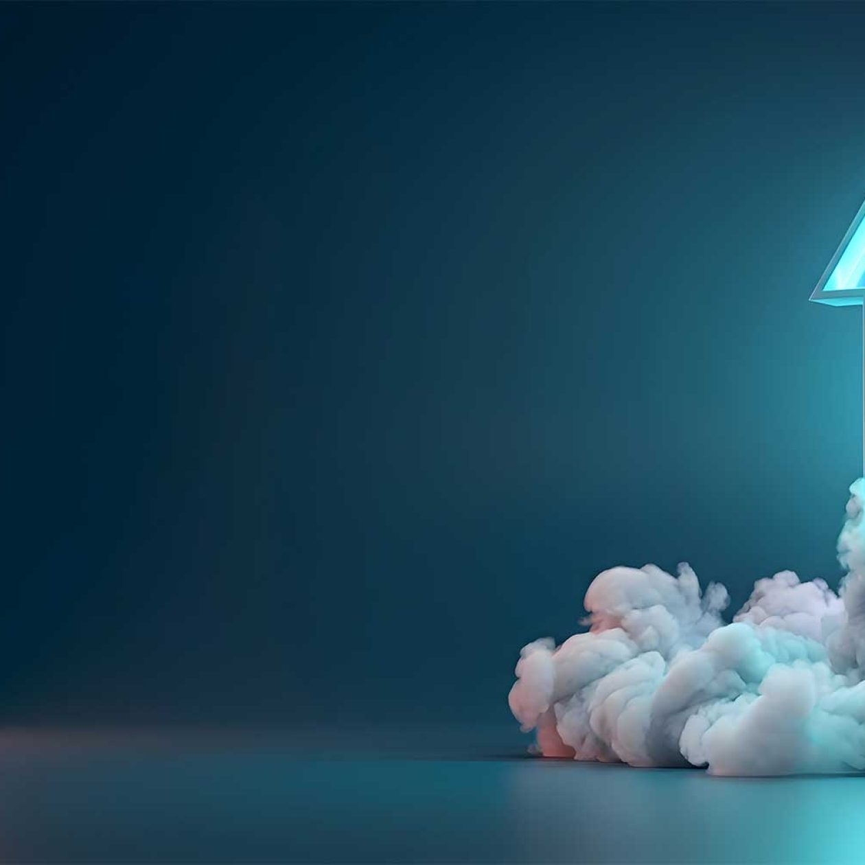 Glowing blue arrow shooting steeply upwards from clouds. This 3D rendering symbolizes cloud bursting, dynamic scaling, and successfully handling sudden traffic peaks in IT infrastructure.