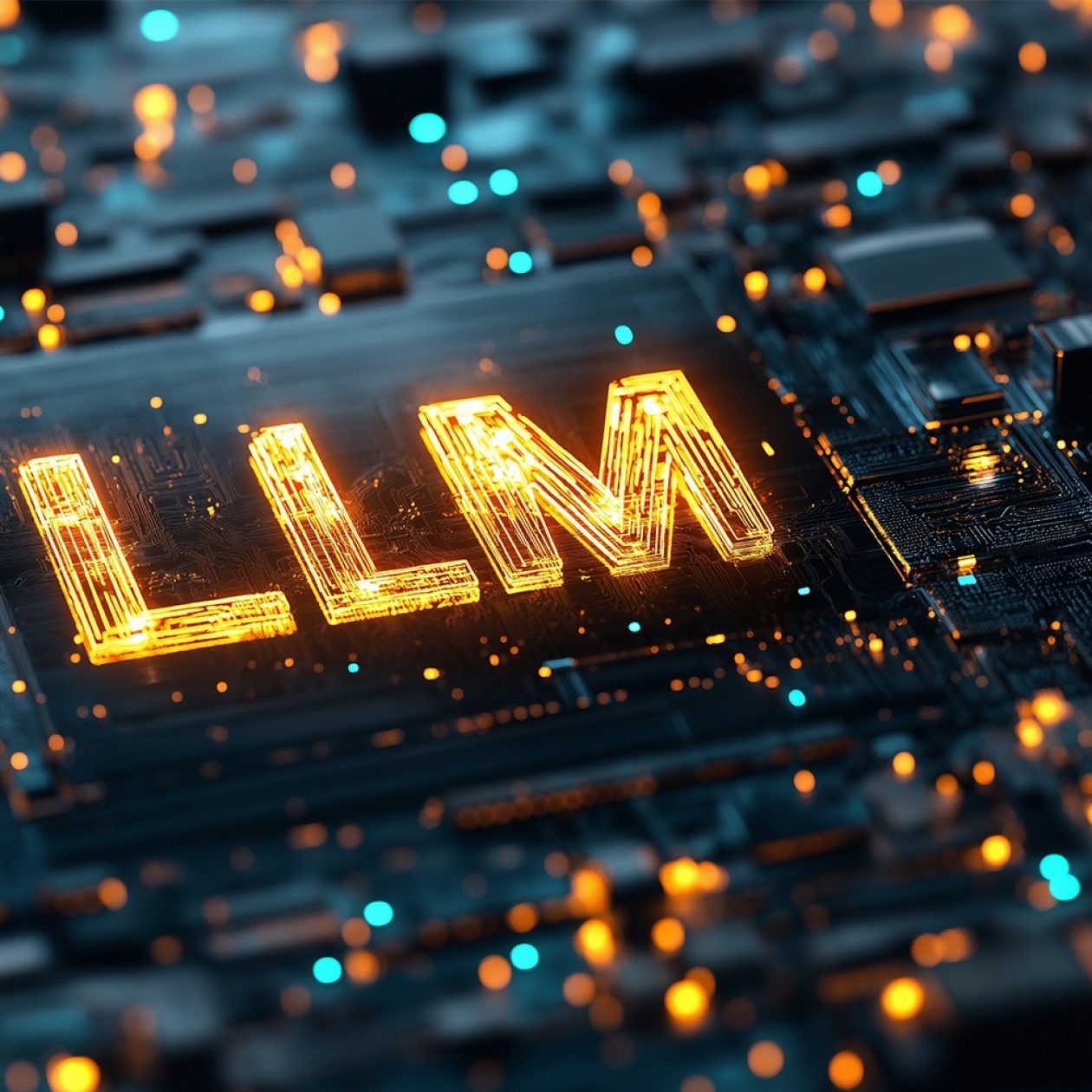 Nahaufnahme einer futuristischen Leiterplatte (Platine) mit glühenden, orange-gelben und blauen Lichtpunkten. In der Mitte leuchtet der Schriftzug "LLM" in orangefarbener, digitaler 3D-Schrift, was "Large Language Model" symbolisiert. Die Szene vermittelt ein Gefühl von Technologie, KI und Rechenleistung.