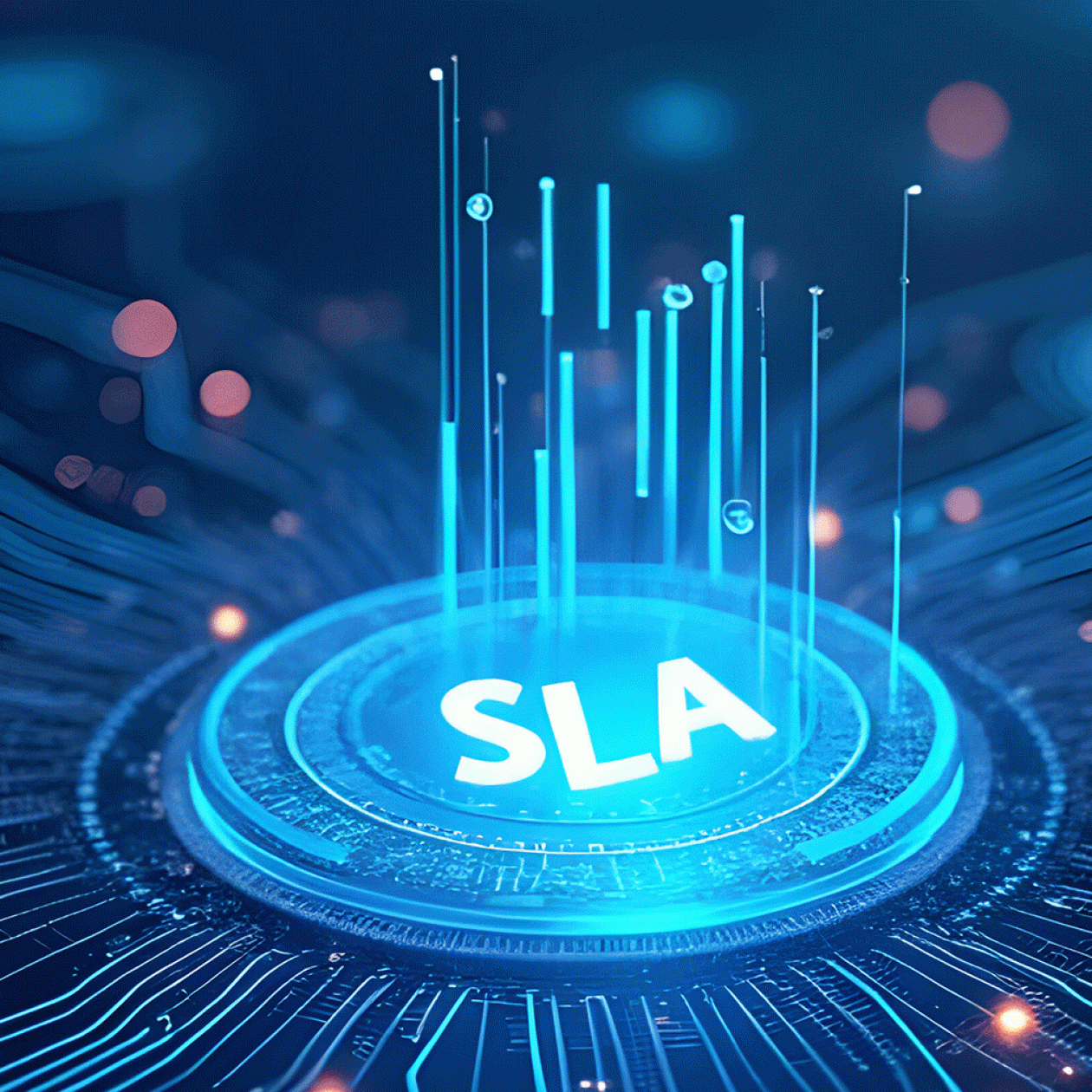 Glowing blue SLA icon on a digital circuit board representing IT Service Level Agreements.