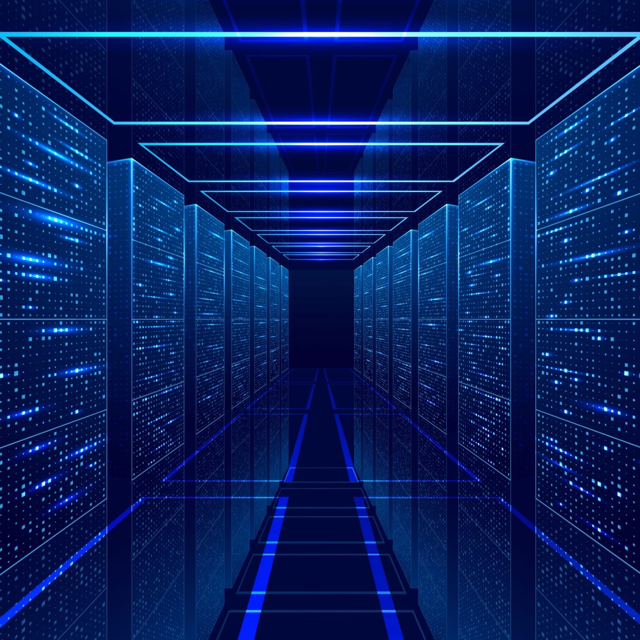 Digital data center corridor illuminated in glowing blue light, symbolizing AI servers, vector database hosting, and cloud computing.
