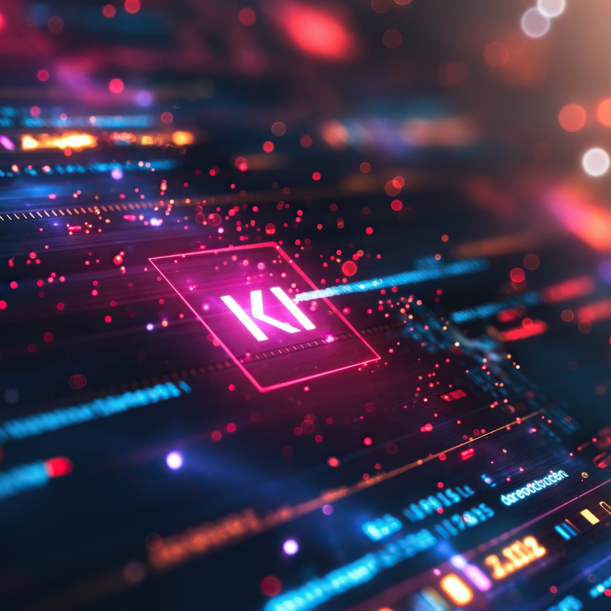 Futuristische, leuchtende digitale Oberfläche mit dem Kürzel "KI" (Künstliche Intelligenz) im Zentrum, symbolisiert Datenverarbeitung, Machine Learning und Technologie-Innovation.