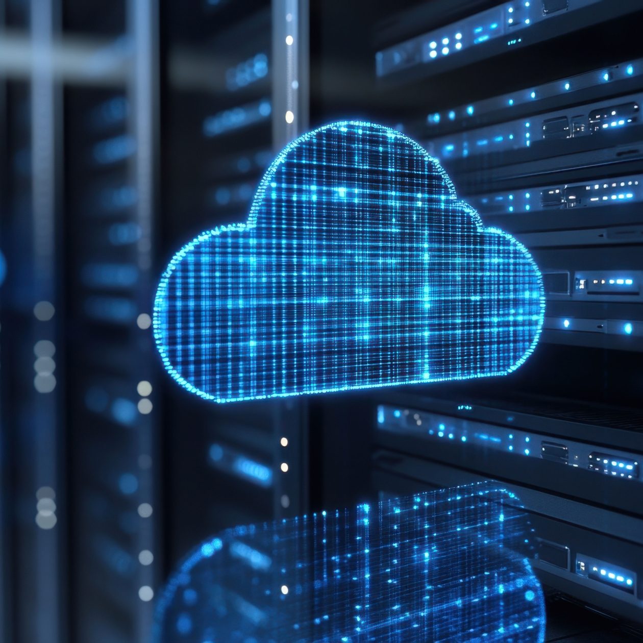 Ein leuchtendes, blaues Cloud-Symbol schwebt vor einer Reihe von Server-Racks in einem Rechenzentrum. Das Bild visualisiert Cloud-Datenbanken, Cloud Computing, Datenspeicherung und Hosting-Infrastruktur in einer Serverumgebung.