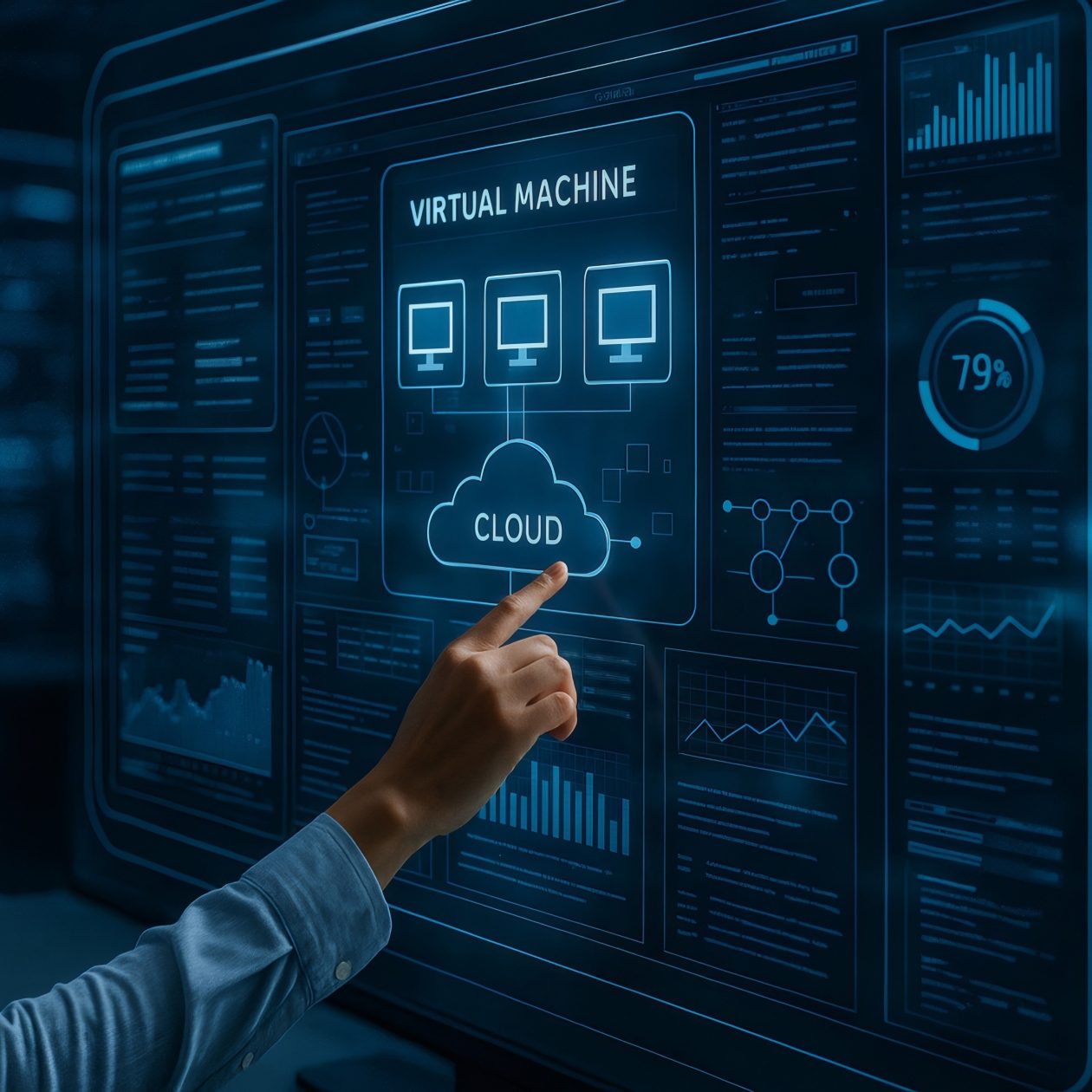 Eine Frau im Profil, bekleidet mit einem blauen Hemd, interagiert mit einem leuchtenden, futuristischen Touchscreen, auf dem ein Diagramm zur VIRTUAL MACHINE und Cloud-Technologie dargestellt ist. Das Bild symbolisiert IT-Management, Virtualisierung, Cloud Computing, Datenzentren und die digitale Transformation.