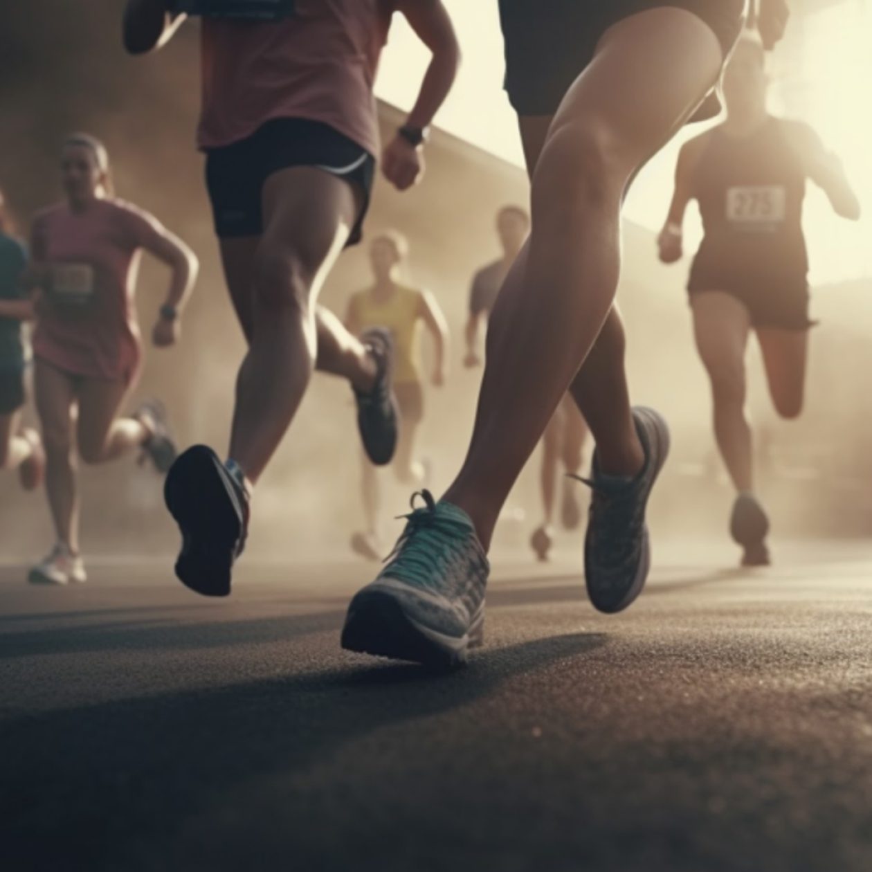 Läufergruppe beim Firmenlauf in dynamischer Froschperspektive mit Fokus auf Laufschuhe. Im Hintergrund verschwommene Teilnehmer mit Startnummern im Gegenlicht der Abendsonne.
