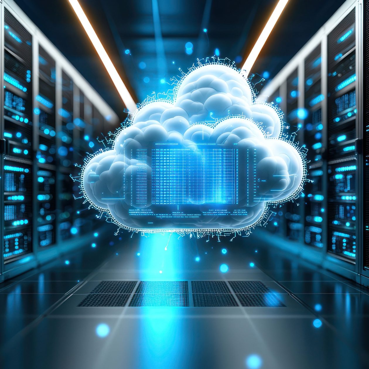 Leuchtendes, weiß-blaues Cloud-Symbol mit Datencode-Anzeige in der Mitte eines Serverraums, umgeben von Reihen von blinkenden Server-Racks. Das Bild visualisiert Cloud Computing, Server-Infrastruktur, Datenspeicherung und Virtualisierung im Rechenzentrum (Data Center).