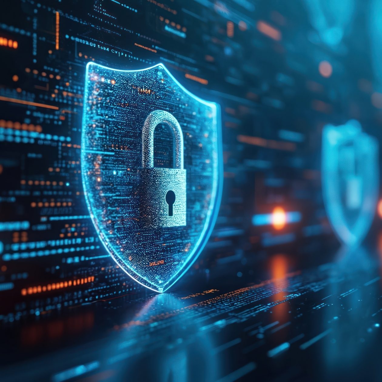 Leuchtendes digitales Schutzschild mit Vorhängeschloss auf einem Datenhintergrund für Cybersicherheit.