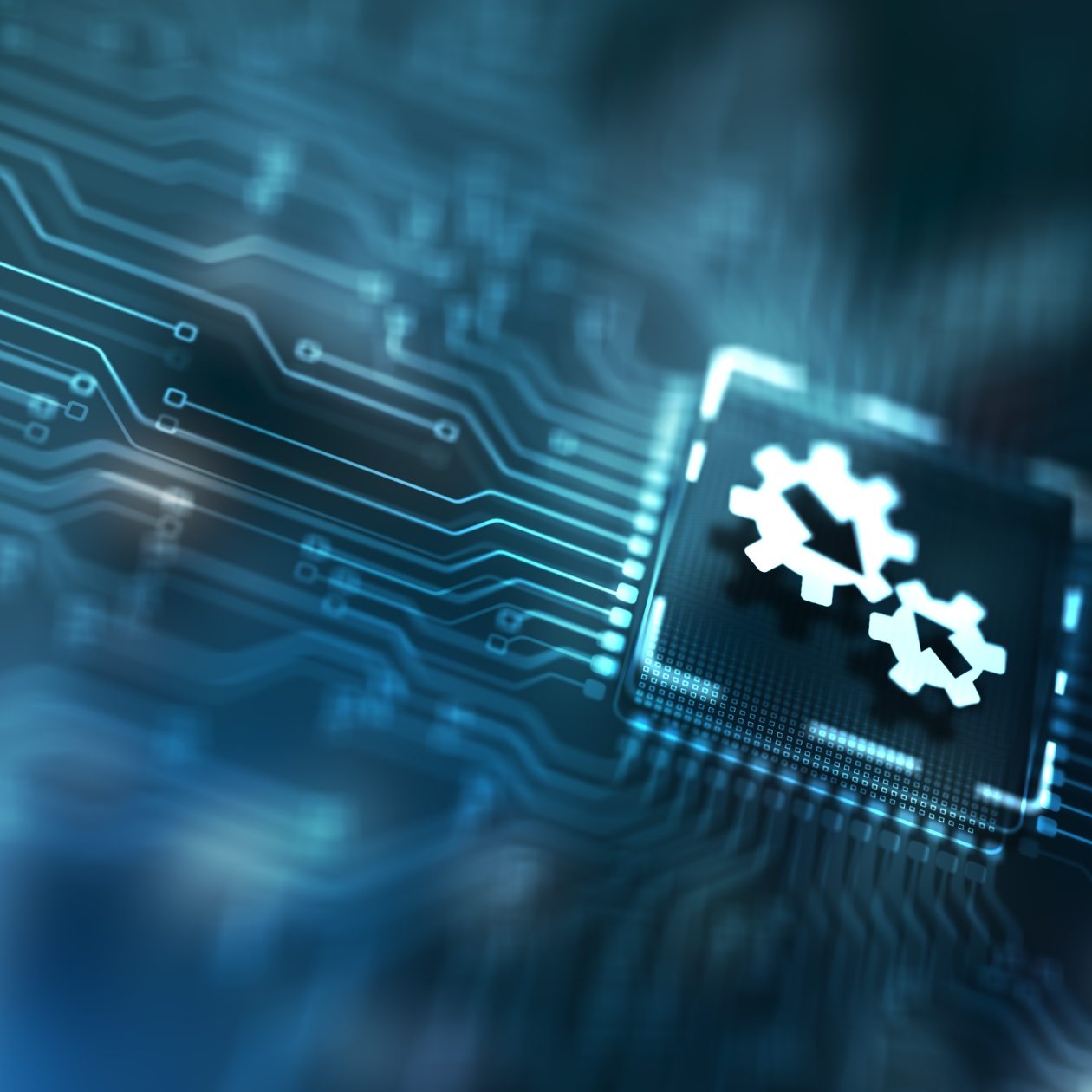 Technology partnership and service integration: cogwheel symbol on computer chip