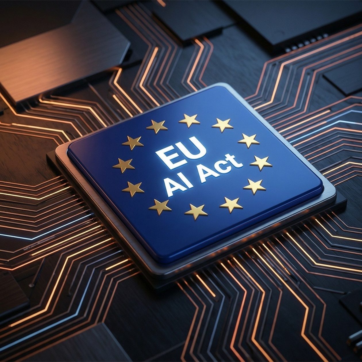 Microchip processor on a glowing circuit board featuring the EU flag and "EU AI Act" lettering.