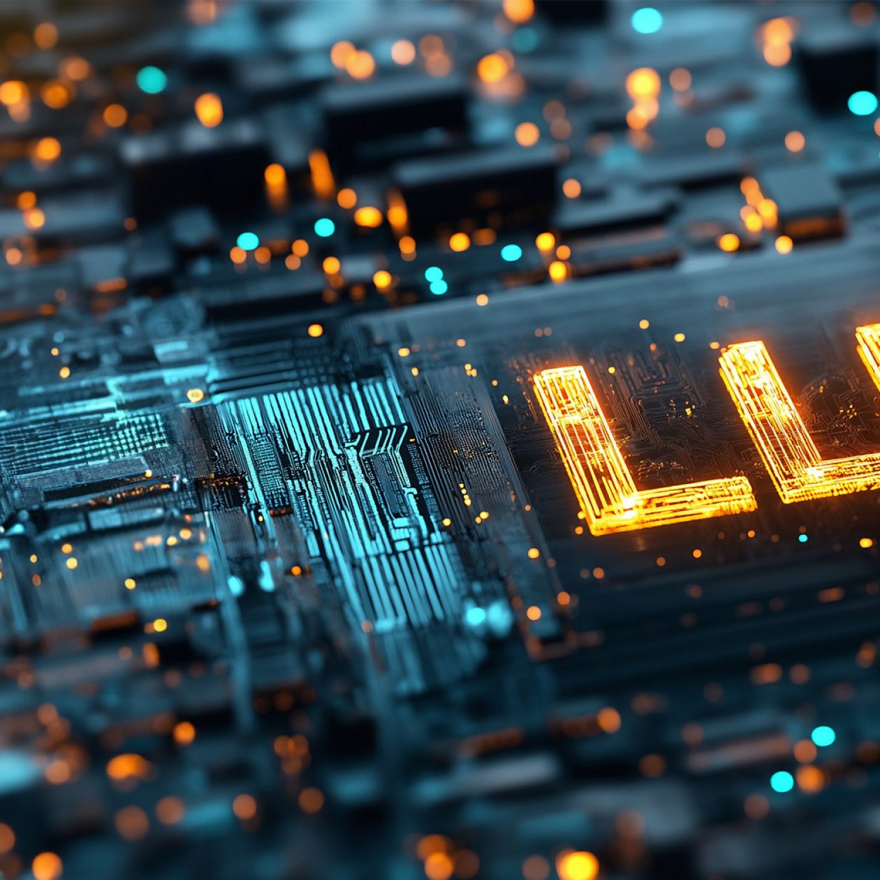 Close-up of a futuristic circuit board (PCB) with glowing orange-yellow and blue light points. In the center, the letters "LLM" are illuminated in orange, digital 3D text, symbolizing "Large Language Model." The scene conveys a sense of technology, AI, and computing power.