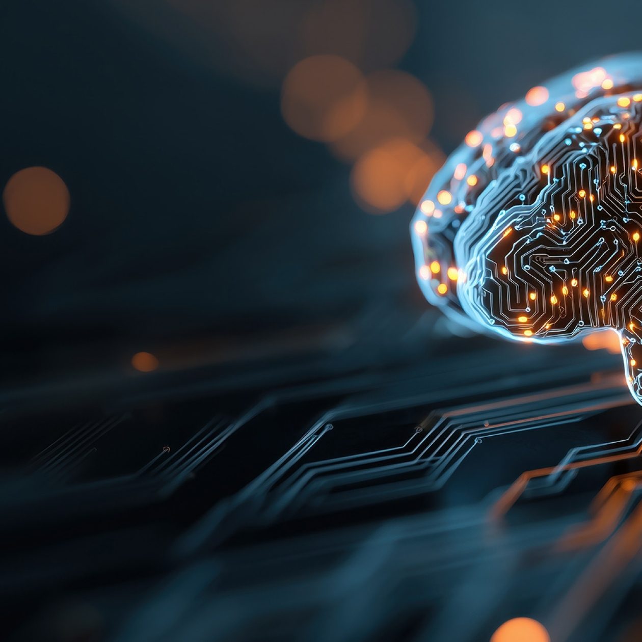 Glowing digital brain made of circuit board lines representing artificial intelligence