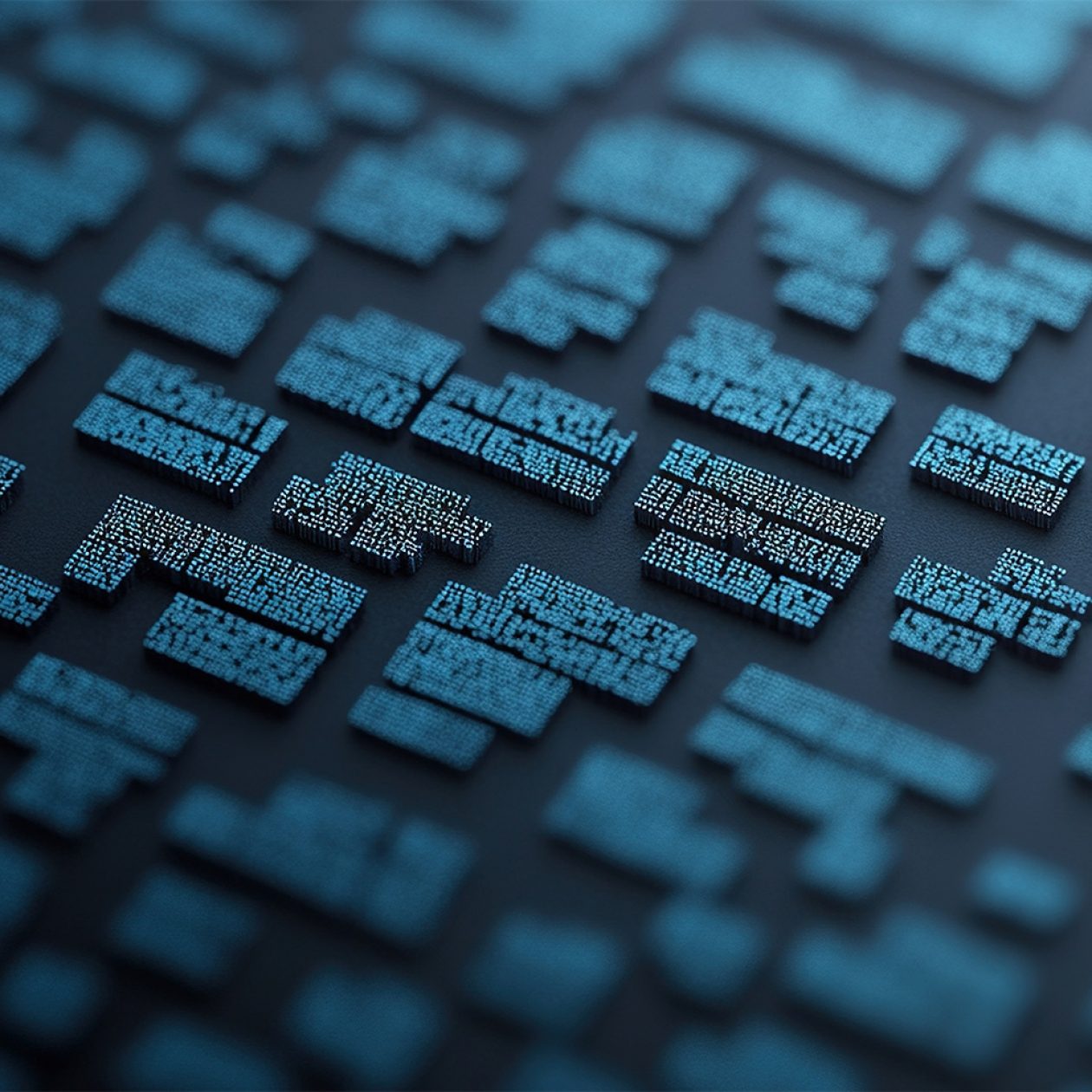 Golden speech bubble composed of digital data blocks on a blue code matrix representing Natural Language Processing (NLP).