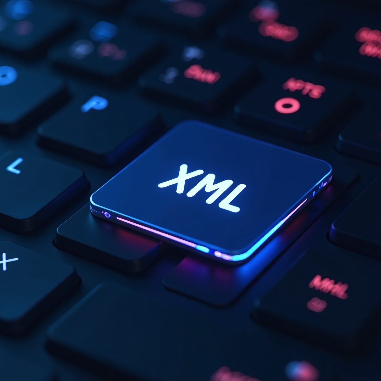 Nahaufnahme einer leuchtenden blauen Taste mit der Aufschrift XML auf einer dunklen Computertastatur. Das Bild visualisiert XML (Extensible Markup Language) als zentrales Datenformat für die Datenspeicherung, Datenübertragung und Webentwicklung.