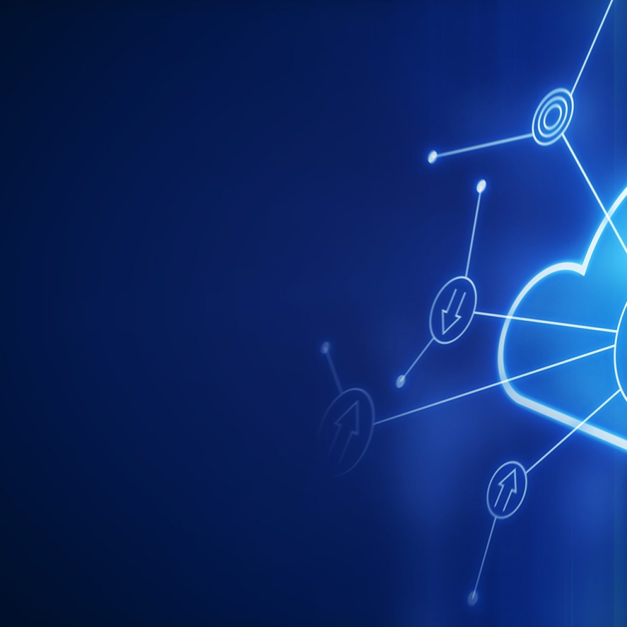 Eine leuchtend blaue, schematische Cloud-Grafik mit einem Blitz- oder Kreislauf-Symbol im Zentrum ist von einem Netzwerk aus verbundenen Punkten und kleineren Icons (z.B. Pfeile, Zahnräder) umgeben. Die Linien des Netzwerks erstrecken sich über einen dunklen, tiefblauen Hintergrund mit einem subtilen Glühen. Das Bild symbolisiert Cloud-Infrastruktur, vernetzte Dienste, Datenfluss und digitale Transformation.