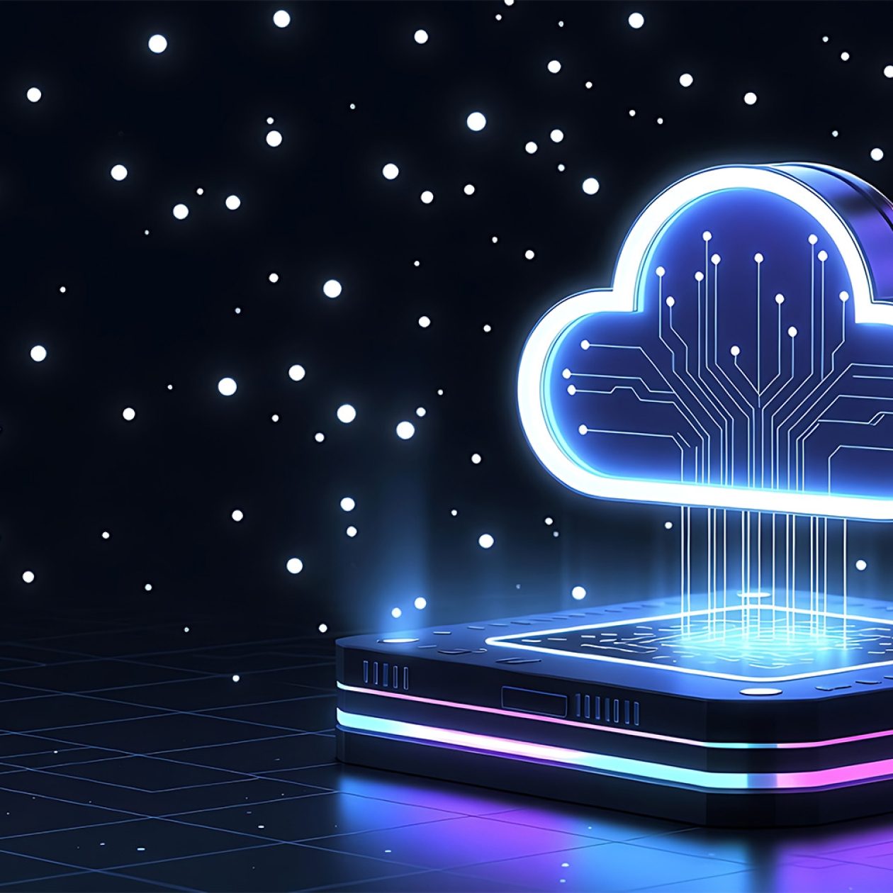 Glowing neon blue cloud symbol with circuit board patterns on a digital server platform representing cloud computing.