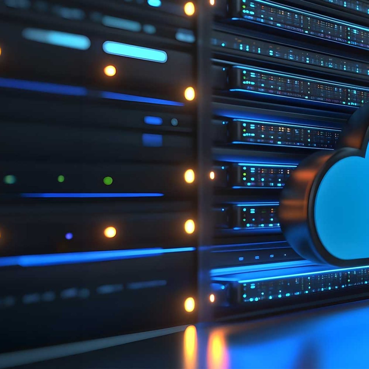 Cloud-Computing und IT-Infrastruktur: Ein leuchtend blaues 3D-Cloud-Symbol schwebt vor modernen Serverschränken in einem Hochleistungs-Rechenzentrum.