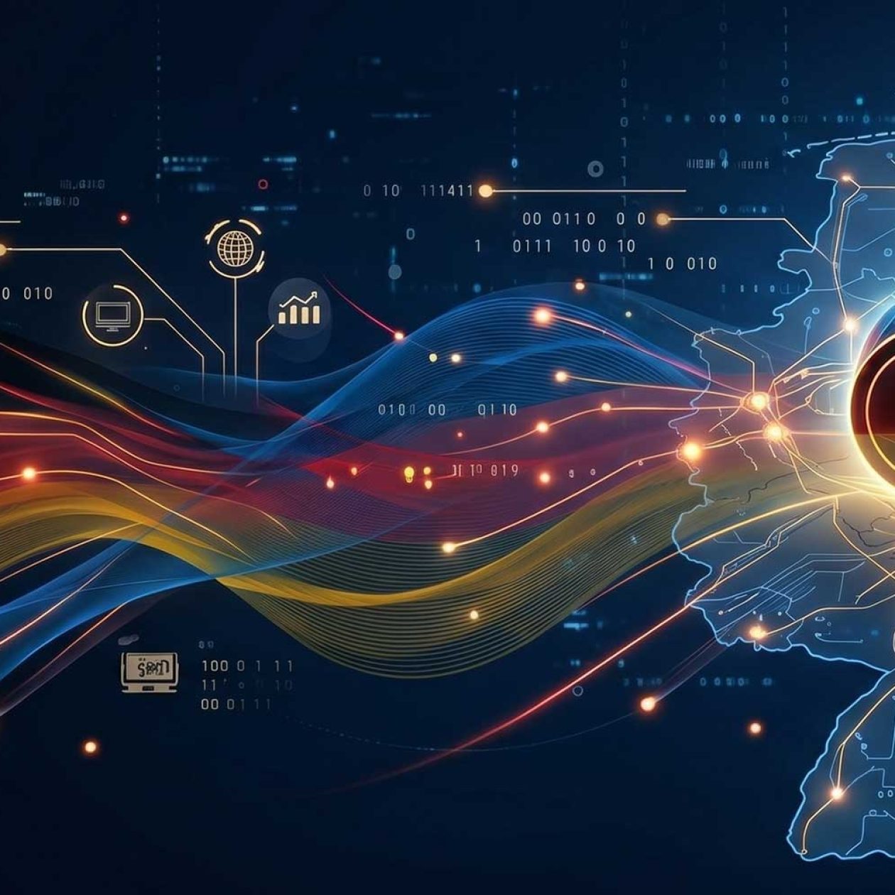 "A dark background with flowing, luminous data streams in the colors of the German flag (black, red, gold), flowing from left to right into a stylized, glowing cloud graphic. The cloud is located inside a light blue, digital outline map of Germany, which is networked with node points."