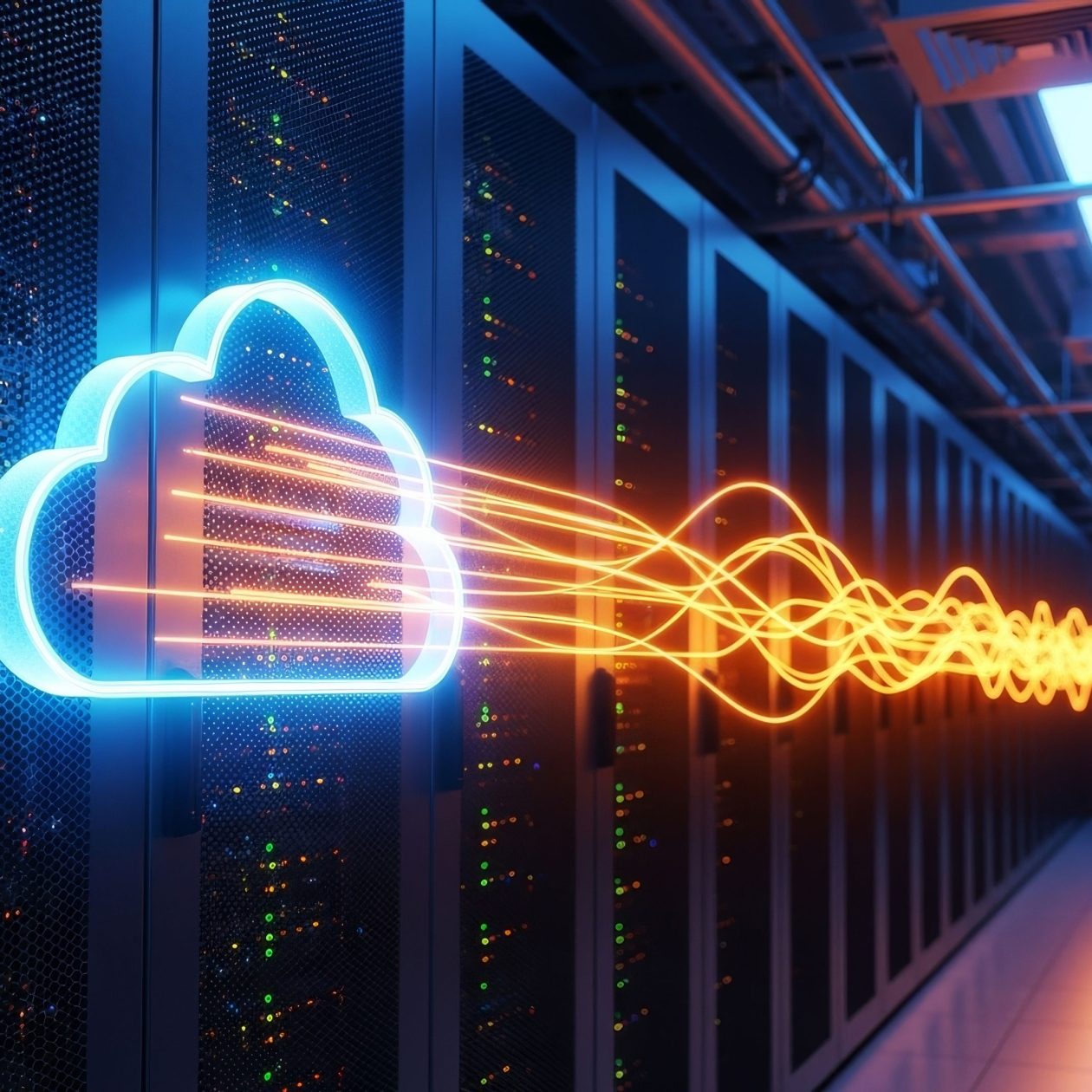 Ein leuchtendes blaues Cloud-Symbol empfängt orangefarbene, pulsierende Datenströme entlang eines Gangs voller Server-Racks in einem Rechenzentrum. Das Bild visualisiert den Datentransfer (Data Transfer), Datenmigration in die Cloud und Cloud Computing in einer IT-Infrastruktur.