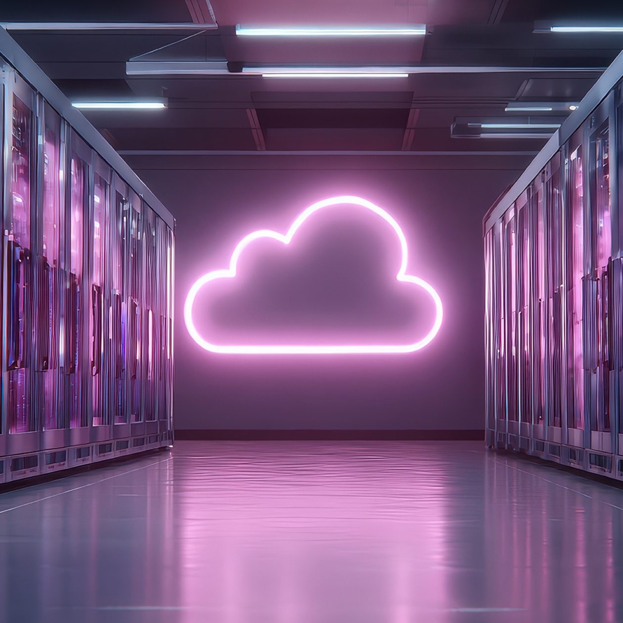 Modern data center server room featuring a glowing neon cloud icon representing hybrid cloud infrastructure and cloud computing.