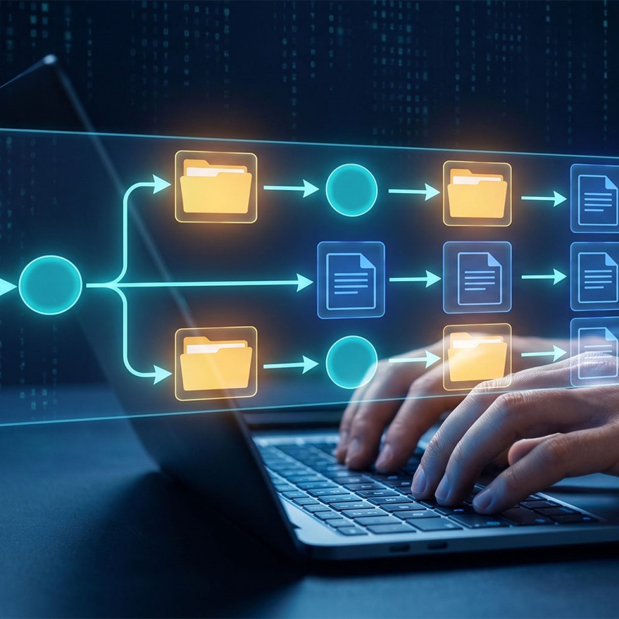 Person typing on laptop with a floating digital flowchart overlay visualizing process automation, workflow management, and document flow.