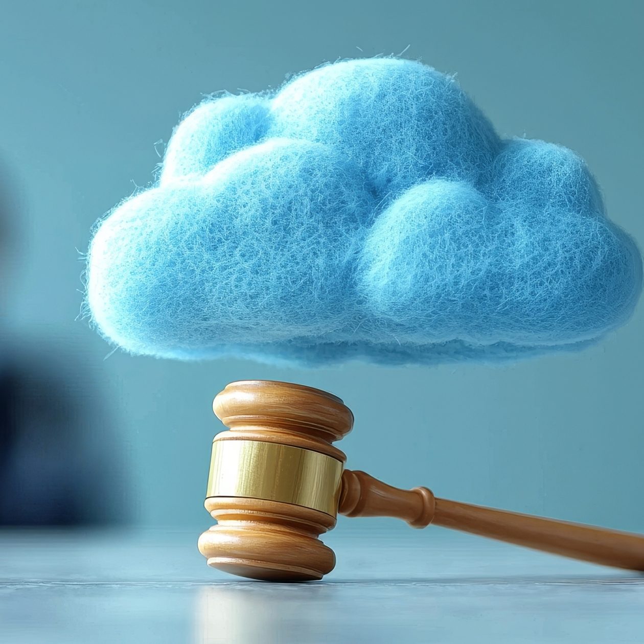 Gerichtshammer und eine schwebende, flaumige, blaue Wolke, symbolisieren Cloud-Gesetzgebung, Cloud-Compliance und Datensouveränität in der IT-Rechtsprechung.