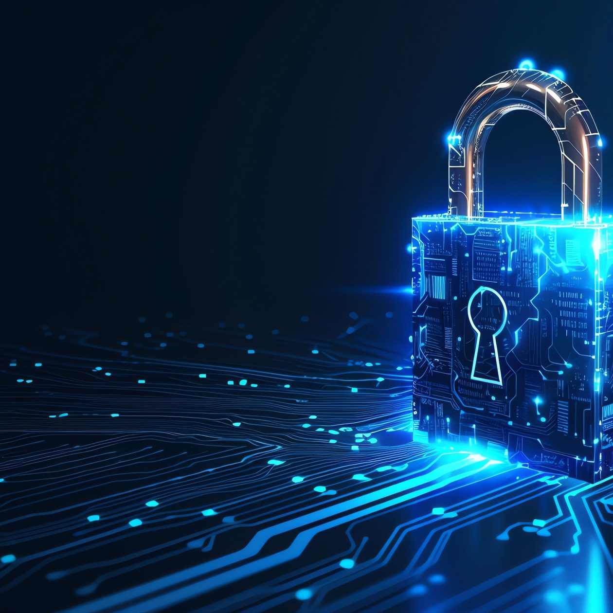 Ein leuchtendes blaues, dreidimensionales Vorhängeschloss, dessen Oberfläche wie eine Leiterplatte (Platine) aussieht, steht auf einem stilisierten, blauen Cyber-Netzwerk. Das Bild symbolisiert Cybersicherheit (Cyber Security), Datenverschlüsselung, Netzwerkschutz und die digitale Sicherheit von IT-Systemen.
