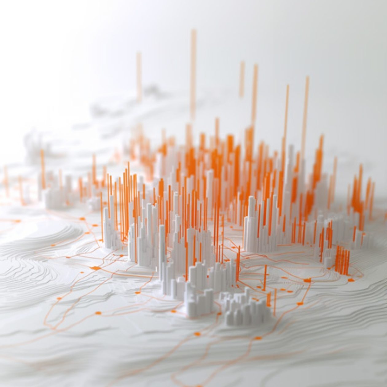 Auf dem Bild ist eine weiße Landschaft abgebildet, dem weiße und Orange schmale Säulen entspringen.