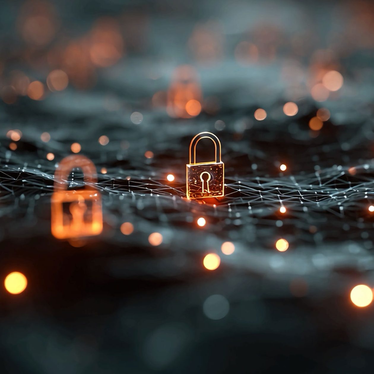 Abstract digital network featuring glowing padlocks as a hero banner for data security, encryption technologies, and secure IT infrastructure.