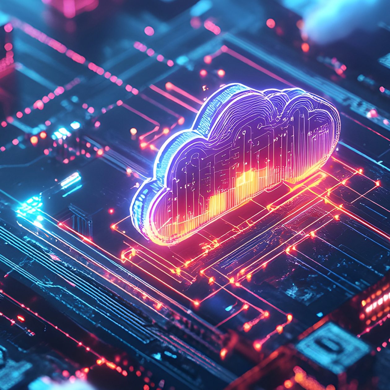 A luminous, violet and orange cloud icon is embedded in a complex, futuristically illuminated circuit board. The scene, dominated by blue and red light trails, symbolizes cloud computing, orchestration, and digital infrastructure.