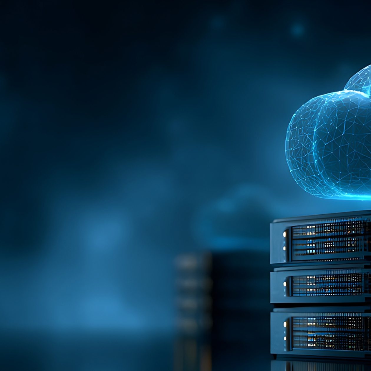 Futuristisches Server-Rack mit digitaler Wolke als Symbol für VPS-Hosting und Cloud-Computing-Lösungen.