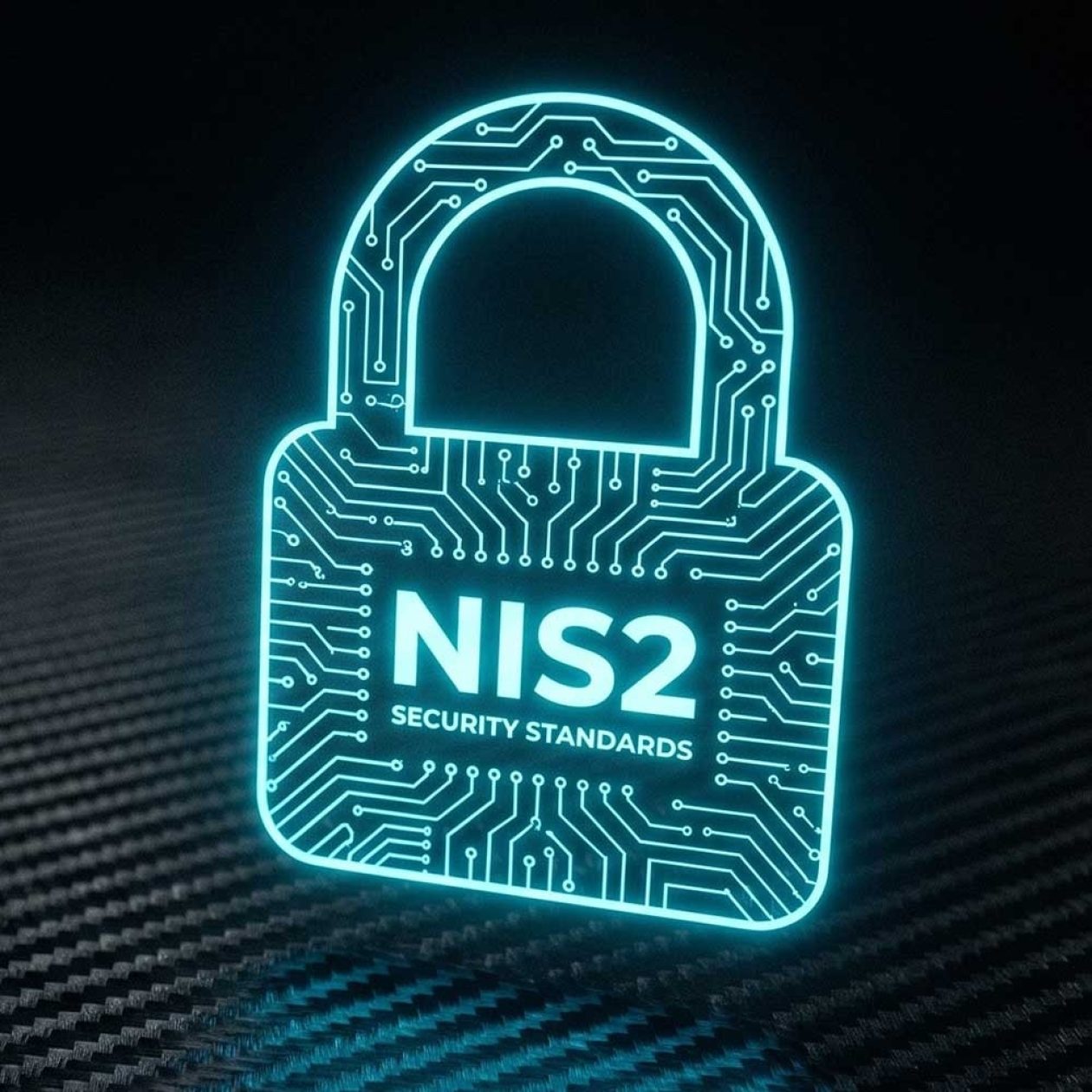 Holographic, glowing cyan padlock with an integrated circuit pattern and the text 'NIS2 SECURITY STANDARDS' on a dark carbon fiber texture, symbolizing the EU directive for cybersecurity.