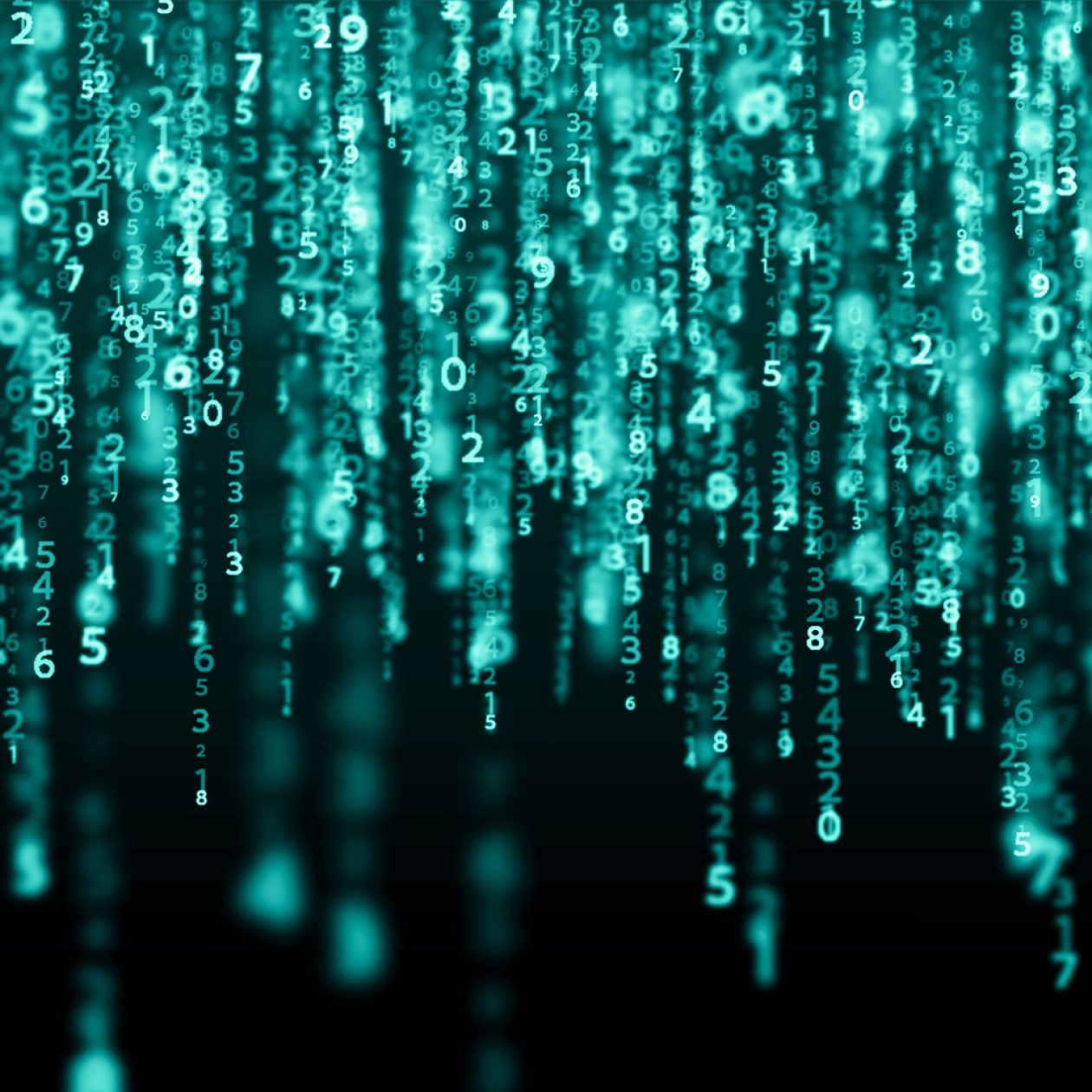 Abstraktes Bild, das den Matrix-Effekt darstellt: Leuchtende, türkisfarbene digitale Ziffern (Zahlen 0 bis 9) fallen wie Regen oder Codezeilen von oben nach unten auf einem schwarzen Hintergrund, symbolisierend Datenstrom und digitale Technologie.