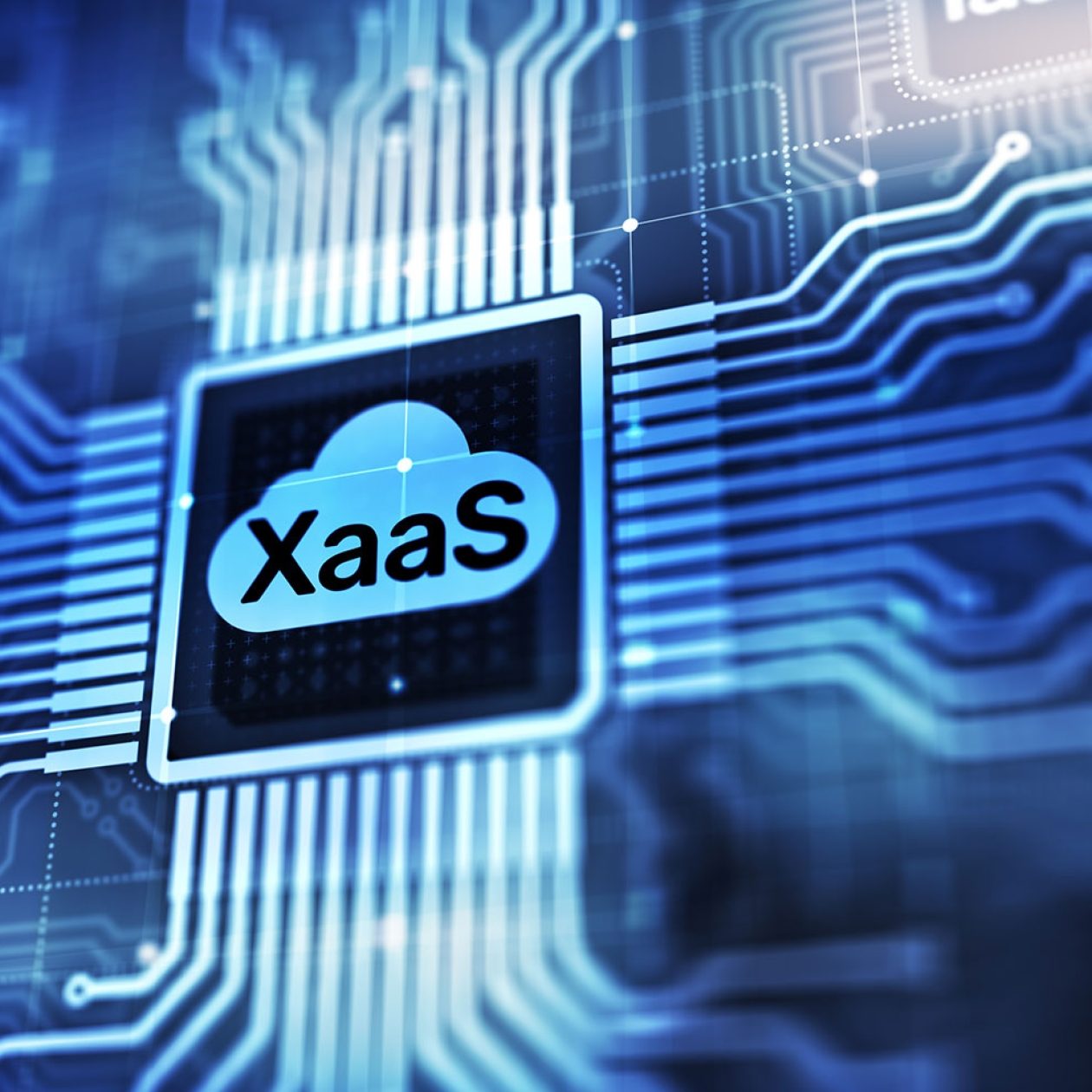 Abstrakte Darstellung von Cloud-Computing-Modellen mit Fokus auf XaaS, IaaS und PaaS auf einer digitalen Leiterplatte.