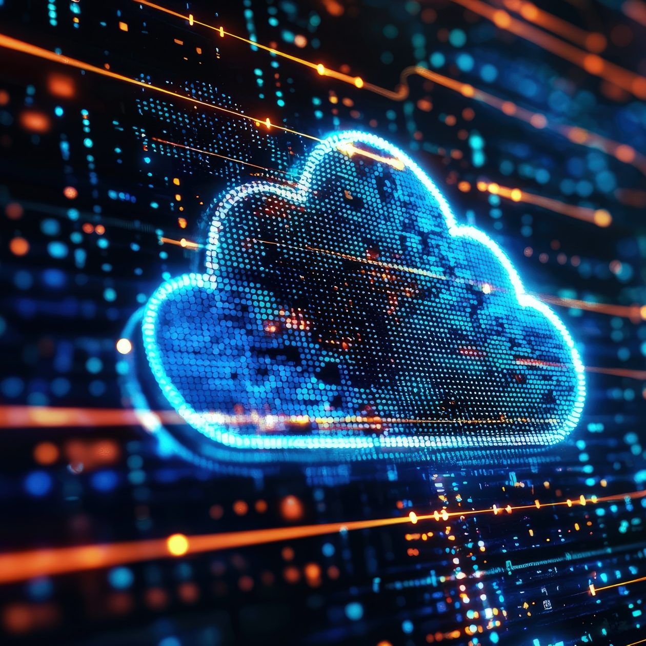 Leuchtendes digitales Cloud-Symbol auf einem abstrakt vernetzten Datenhintergrund.