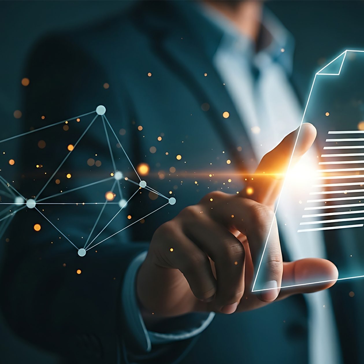 Ein Geschäftsmann im Anzug berührt eine leuchtende, digitale Darstellung eines Dokuments (Whitepaper) in der Luft, umgeben von einem technologischen Netzwerk aus Linien und Punkten.
