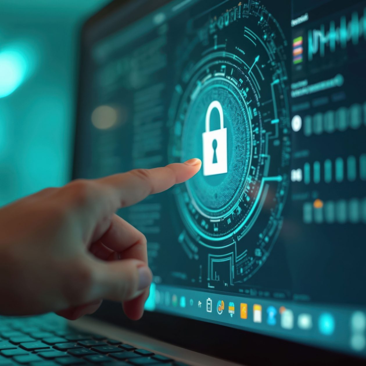 Ein Finger berührt auf einem Laptop-Bildschirm ein leuchtendes digitales Vorhängeschloss in einem futuristischen Kreis-Diagramm. Das Bild symbolisiert Cybersicherheit (Cyber Security), Datenschutz, Online-Sicherheit, Verschlüsselung und den Schutz digitaler Daten.