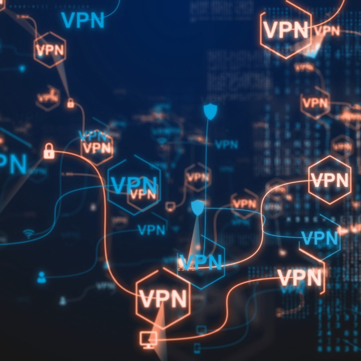 Futuristisches, dunkles Digital-Interface mit leuchtenden blauen und orangen Hexagonen, die das VPN-Konzept (Virtual Private Network) symbolisieren. Die verbundenen Linien und Schloss-Icons visualisieren die sichere Datenverschlüsselung, Anonymität und Netzwerk-Sicherheit im Internet.