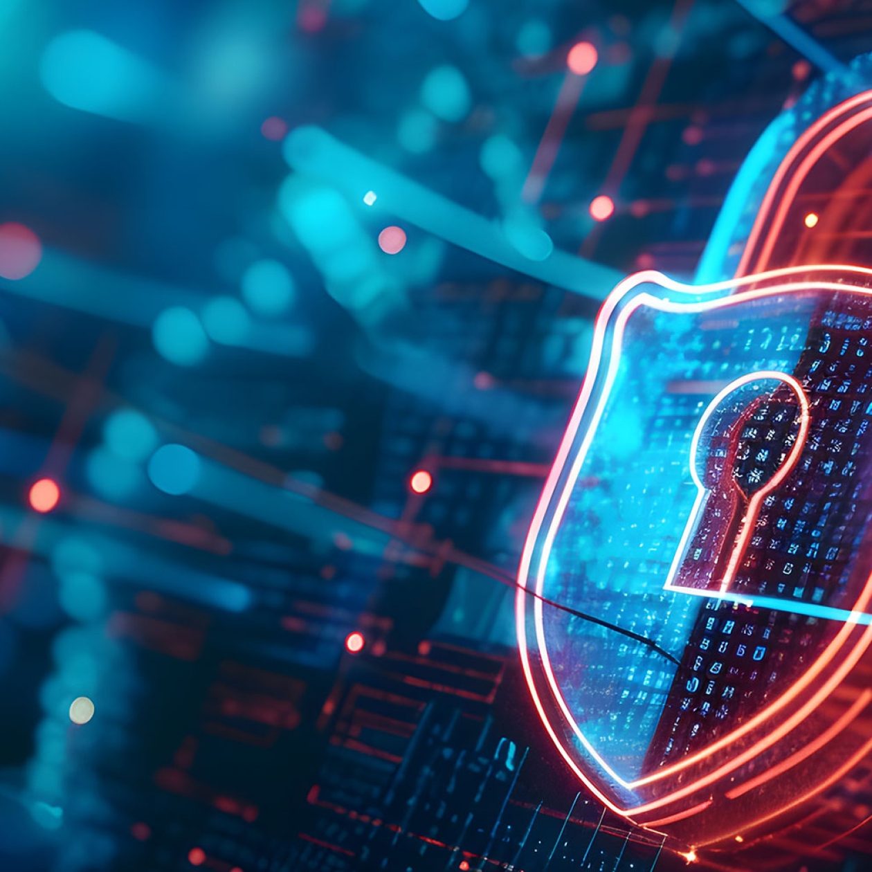Das Bild zeigt eine digitale Illustration zum Thema Datensicherheit und Cybersicherheit.  Alt-Text (Deutsch): „Eine futuristische digitale Darstellung eines leuchtenden Vorhängeschlosses, das in ein komplexes Netzwerk aus Datenströmen, Lichtpunkten und binärem Code eingebettet ist. Die Farben sind vorwiegend Blau und Rot mit dynamischen Lichteffekten.