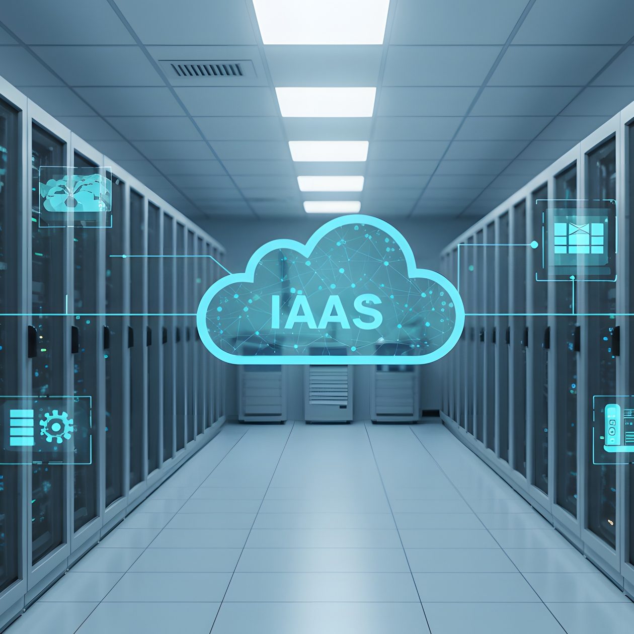 Lange Reihe von Server-Racks in einem modernen Rechenzentrum. In der Mitte schwebt ein leuchtendes, digitales Cloud-Symbol mit der Beschriftung "IAAS" (Infrastructure as a Service).